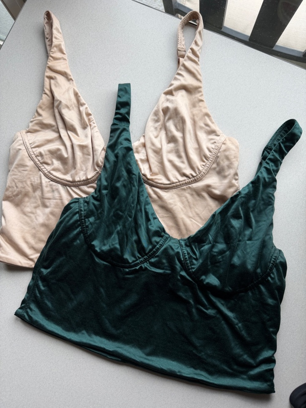 aerie Satin Bralette Duo in Dark Green & Nude